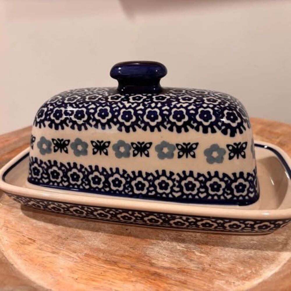 Vintage Manufaktura Boleslawiec Polish Pottery Butter Dish Blue Floral Butterfly